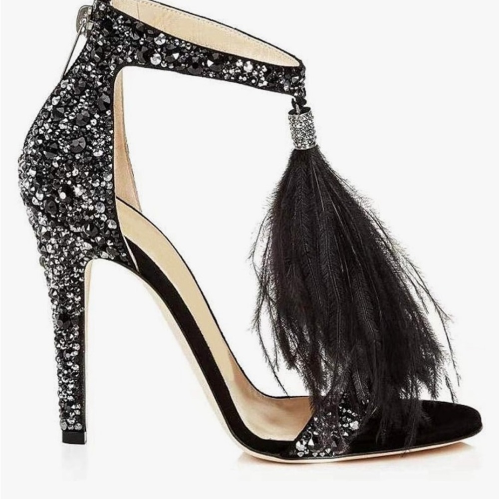 Hinyyrin Black Rhinestone Heels With Tassels